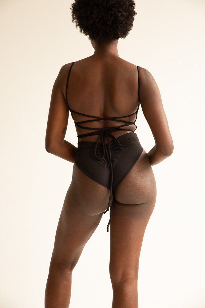 Black ruched corset bodysuit